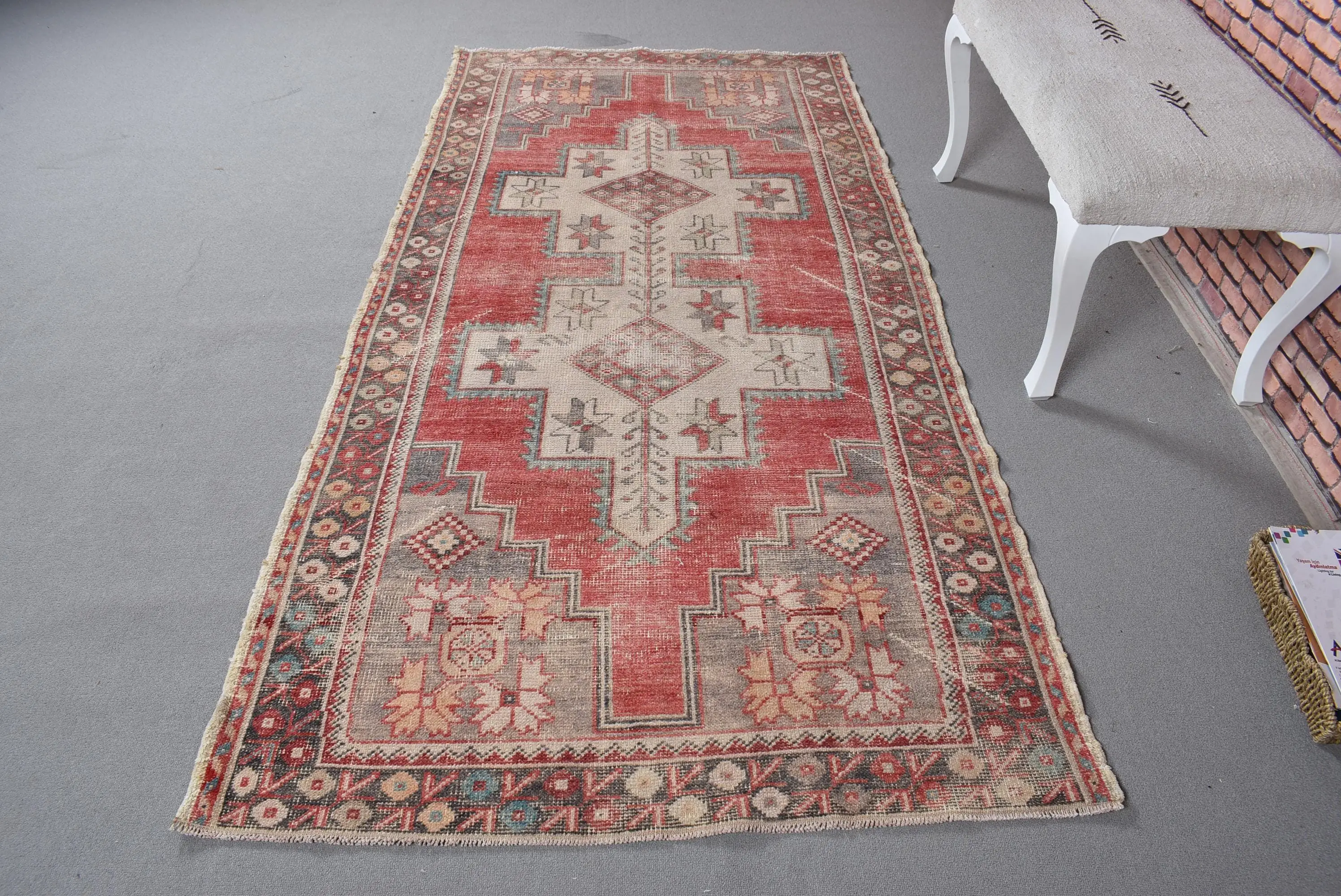 4x7.8 ft Vintage Rug, Red Floral Turkish Wool Rug - 1