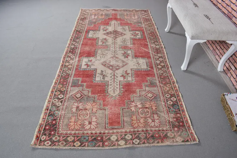 Roter und beigefarbener Blumenteppich, 4 x 7,8 Fuß, elegantes Dekor