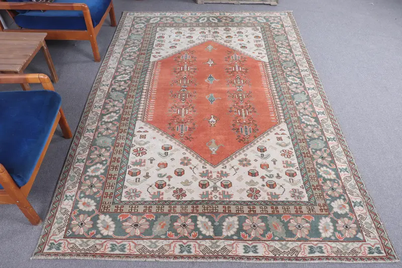 5.9x8.8 ft Türk Oushak Halısı, Turuncu Çiçekli Vintage Yün Halı - 1