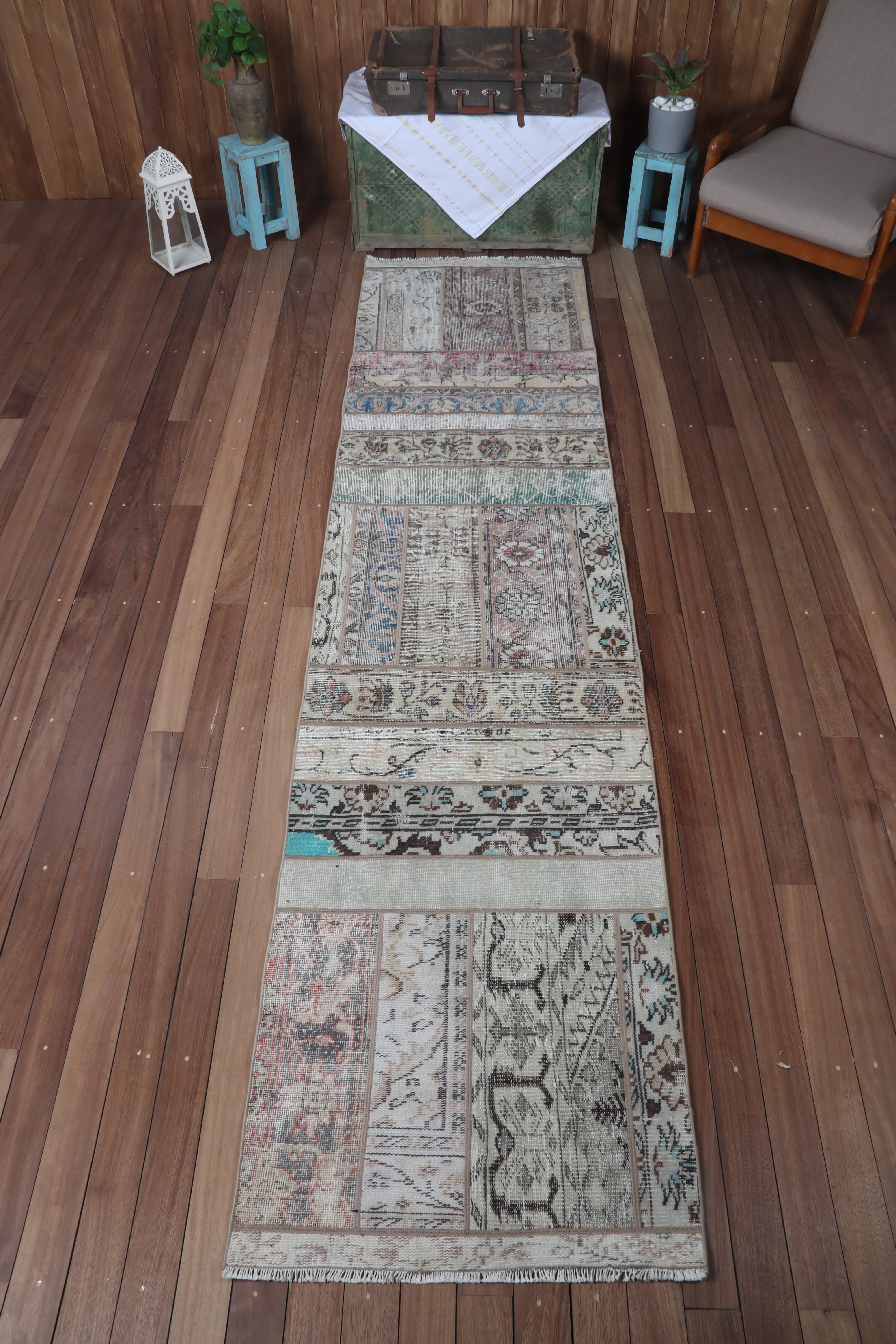 Vintage 2.6x11 ft Rug, Small Turkish Rug, Brown Rainbow Floral Rug - 1