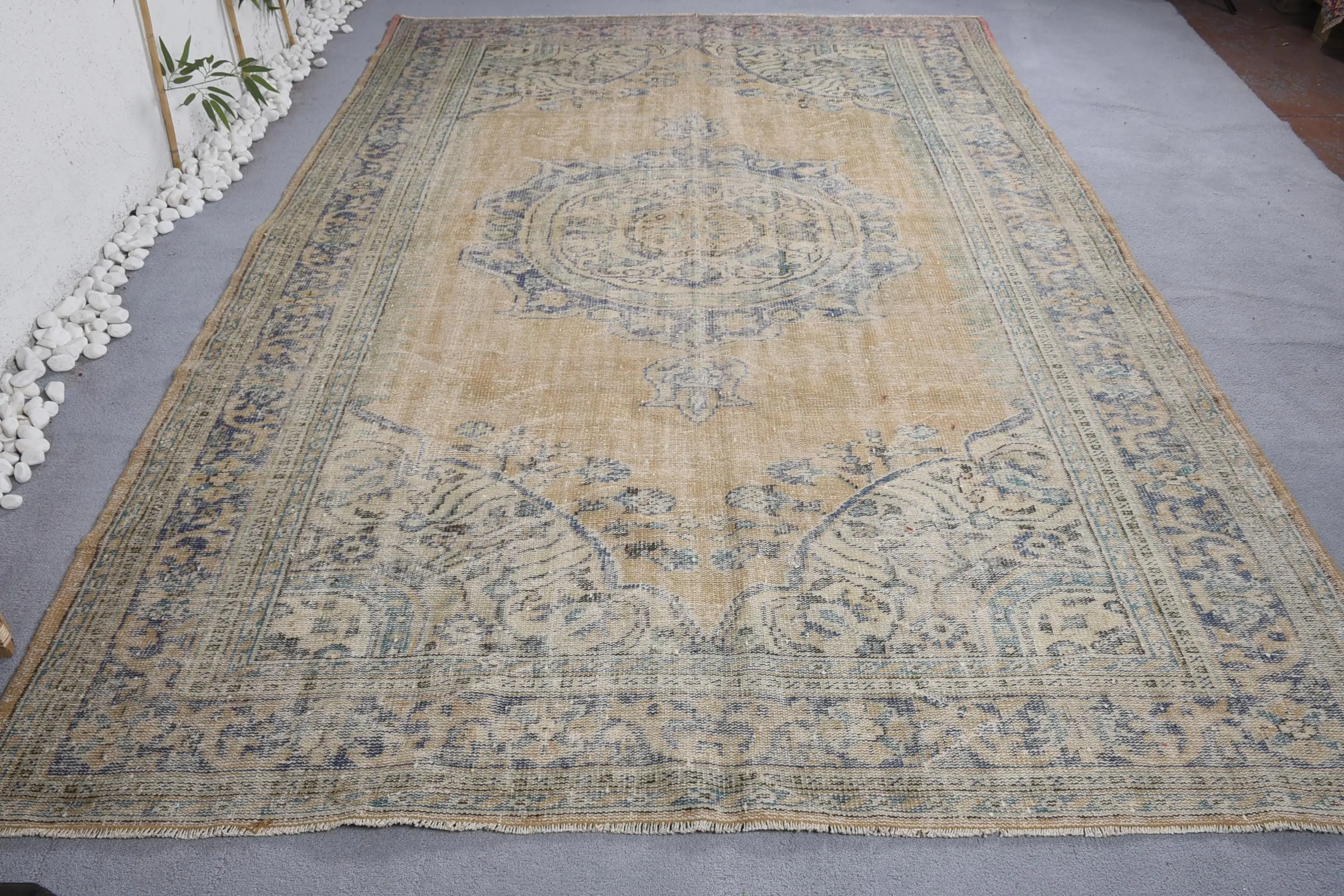 7.2x10.6 ft Rug, Turkish Rug, Vintage Beige Wool Oriental Rug - 1