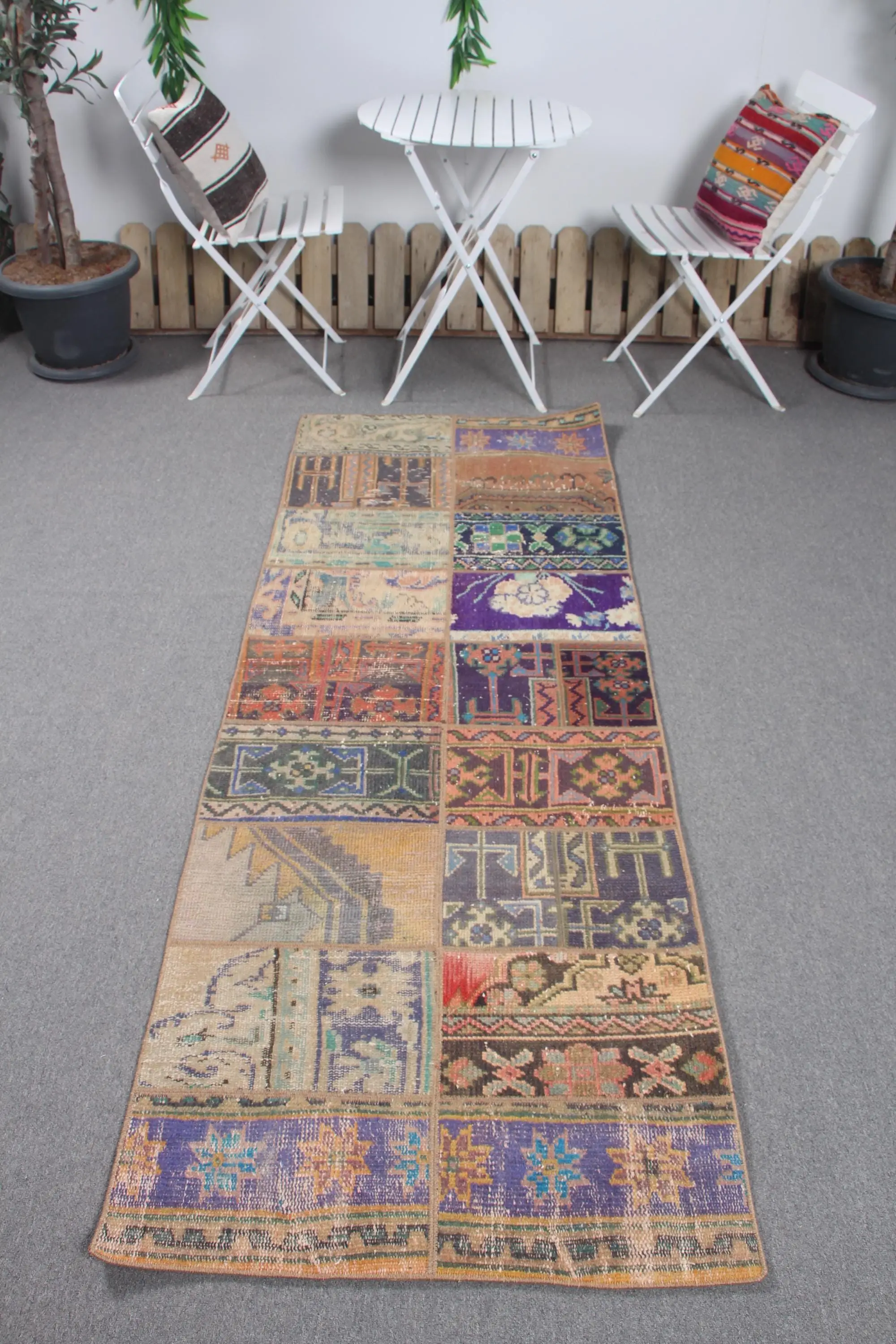 Turkish Vintage Rug, Runner 2.7x7.2 ft (82x218 cm) Rug, Blue Check Wool Rug - 1
