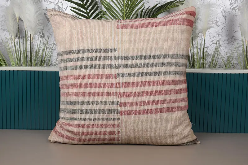 Bej Kırlent, El Dokuma 80x80 cm Yastık Kılıfı, Hediyelik Çizgili Yastık Sham - 1