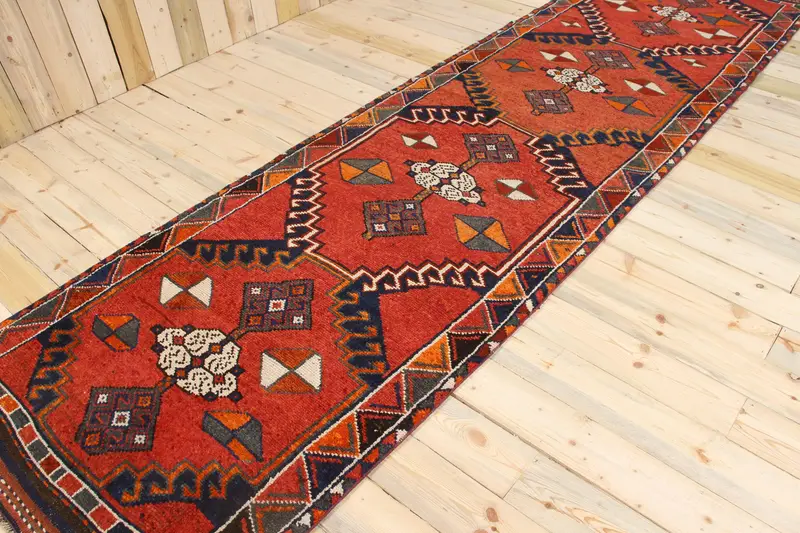 3,6 x 13,1 ft türkischer Vintage-Teppich, Läuferteppich, roter Oushak-Teppich mit Pflanzen und Bäumen - 1