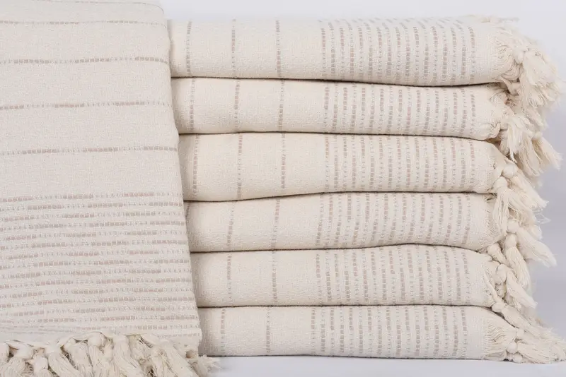 Woven Throw Blanket, Light Beige Striped Design, 97x91 Inches