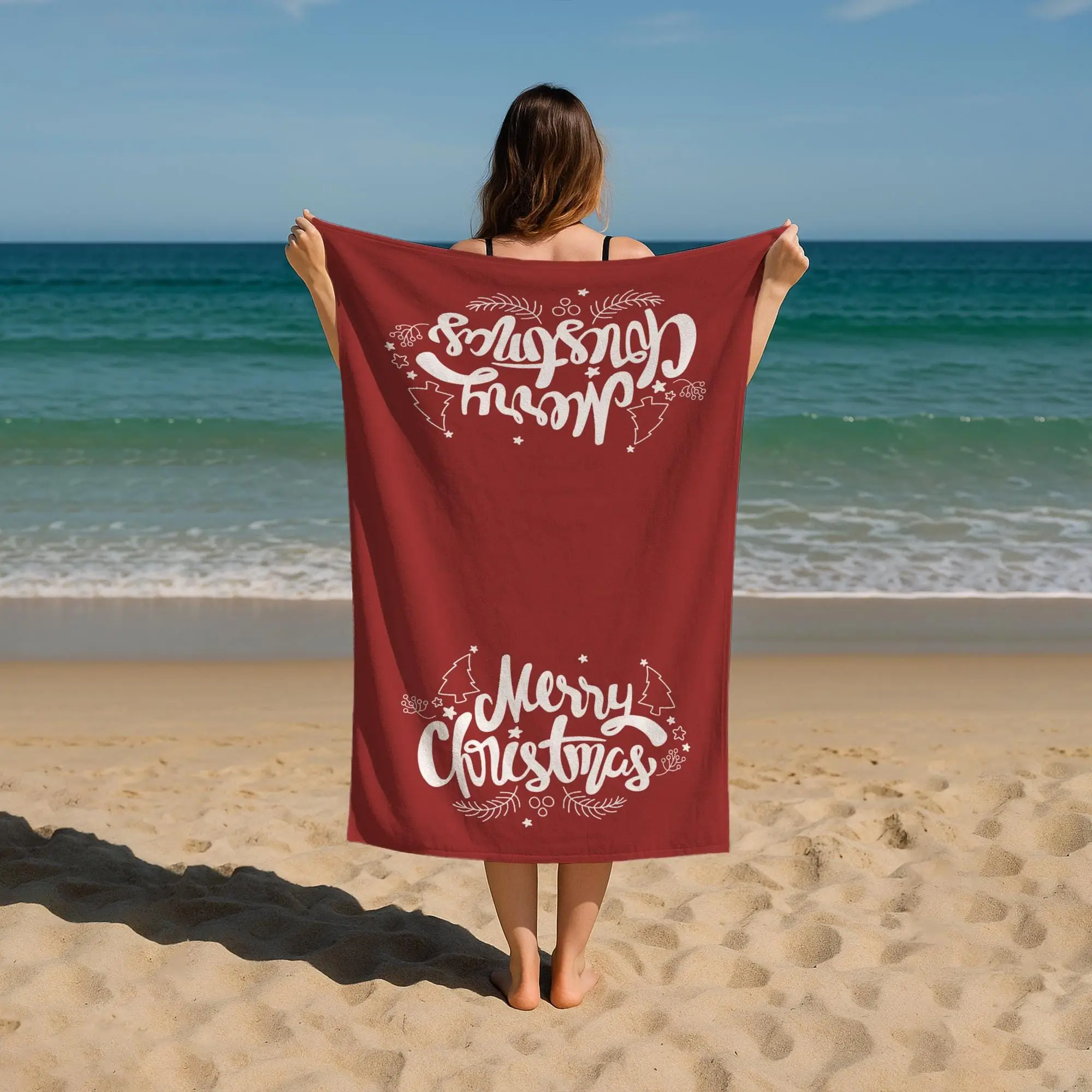 Red Merry Christmas Beach Towel, Adult Size 28x53 Inches - 1
