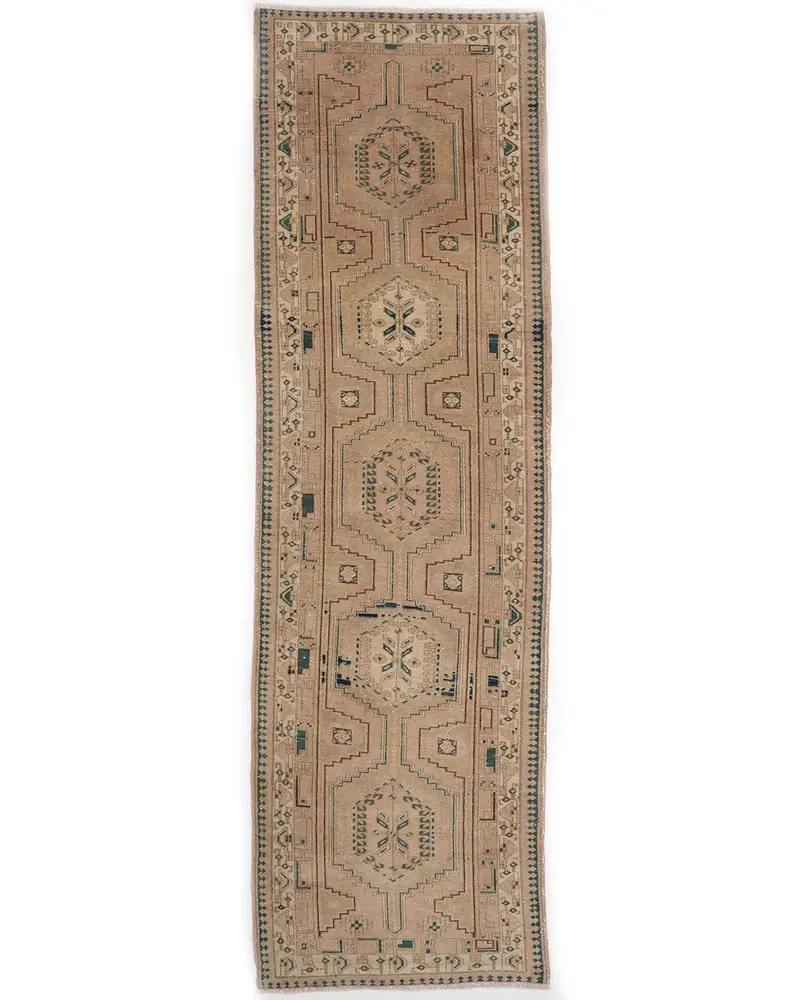 Kahverengi ve Yeşil Halı, 3,3x10,7 ft Zarif Bordürlü Tasarım