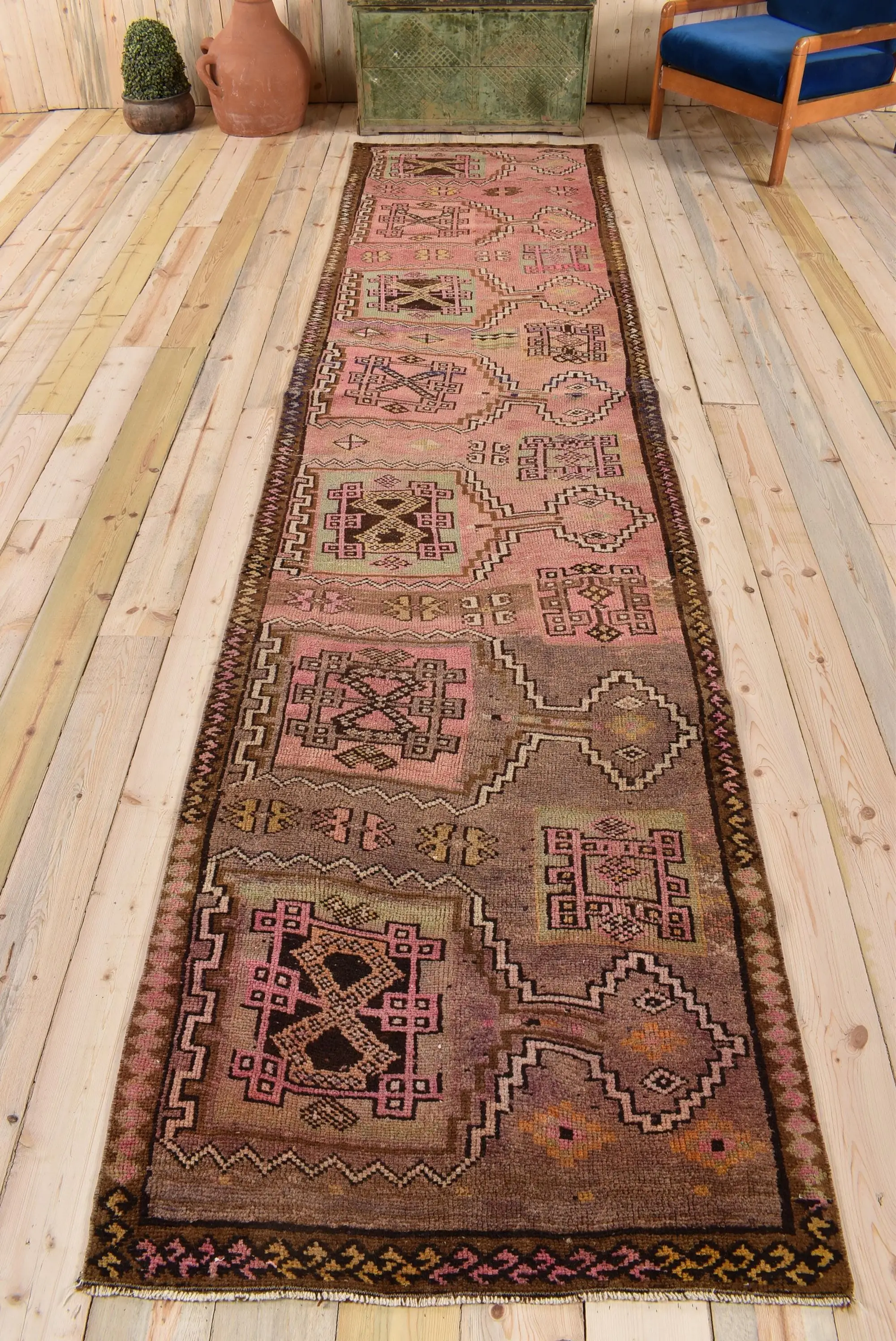 3x13.1 ft Vintage Rug, Brown Ombré Turkish Rug Wool - 1