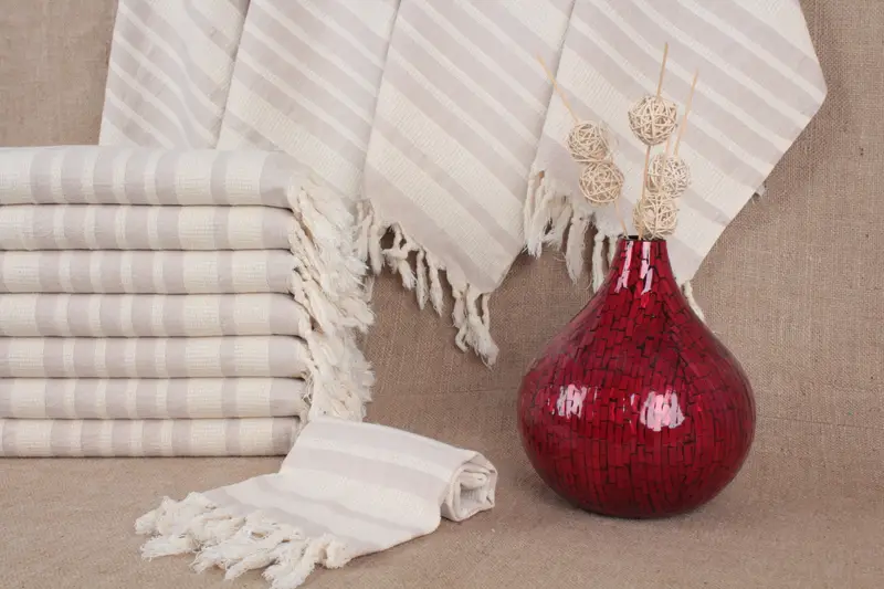 キッチンタオル オーガニックコットン ストライプ ベージュ 16x40インチ