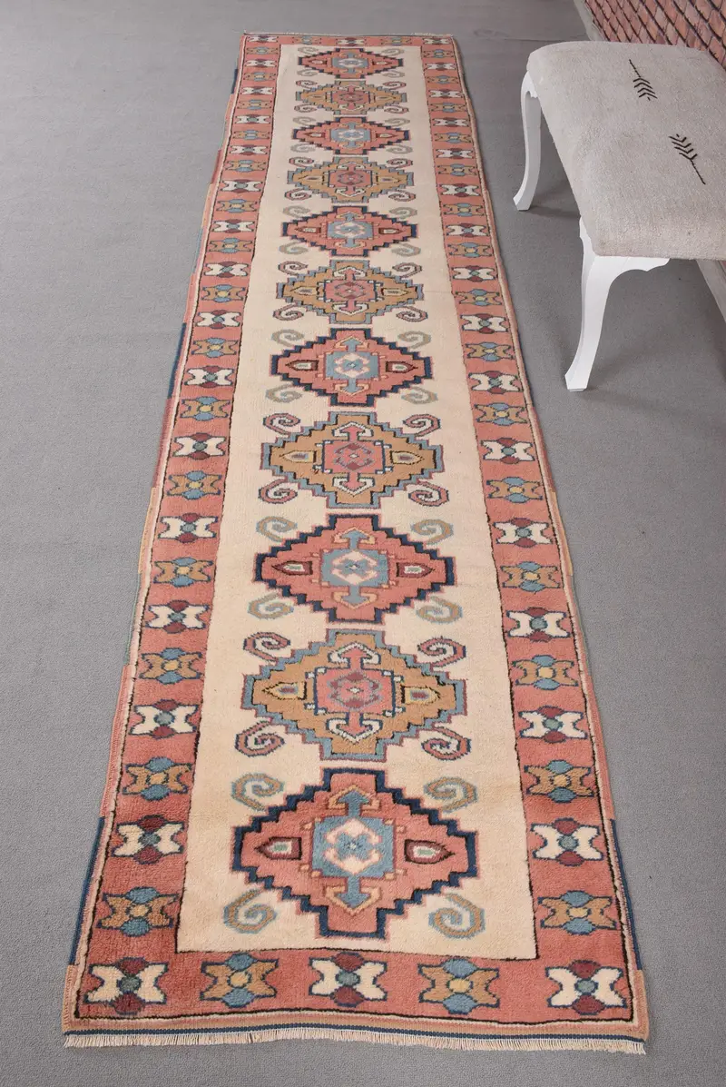 Elegant Beige & Orange Check Rug, 2.8x11.4 ft