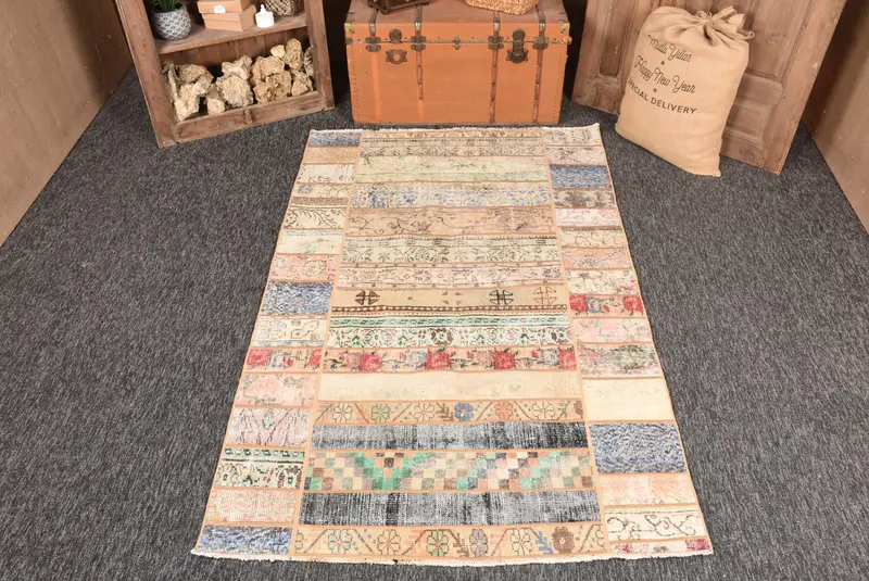 4.5x7.2 ft Accent Türk Halısı, Gökkuşağı Patchwork Vintage Halı - 1