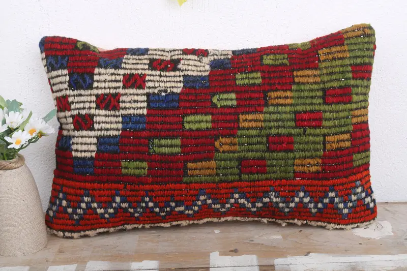 Cushion Case, Pillow for Sofa, Handmade Pillow, Vintage Pillow, Retro Throw Pillow, Crochet Pattern Cushion Cover, 12x20 Red Cushion, Kilim Pillow - 2