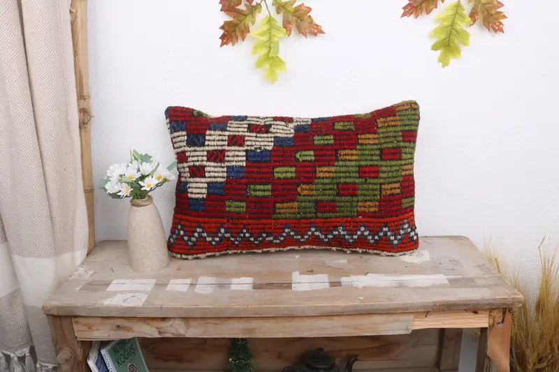 Cushion Case, Pillow for Sofa, Handmade Pillow, Vintage Pillow, Retro Throw Pillow, Crochet Pattern Cushion Cover, 12x20 Red Cushion, Kilim Pillow - 1