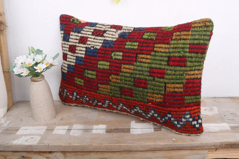 Cushion Case, Pillow for Sofa, Handmade Pillow, Vintage Pillow, Retro Throw Pillow, Crochet Pattern Cushion Cover, 12x20 Red Cushion, Kilim Pillow - 4