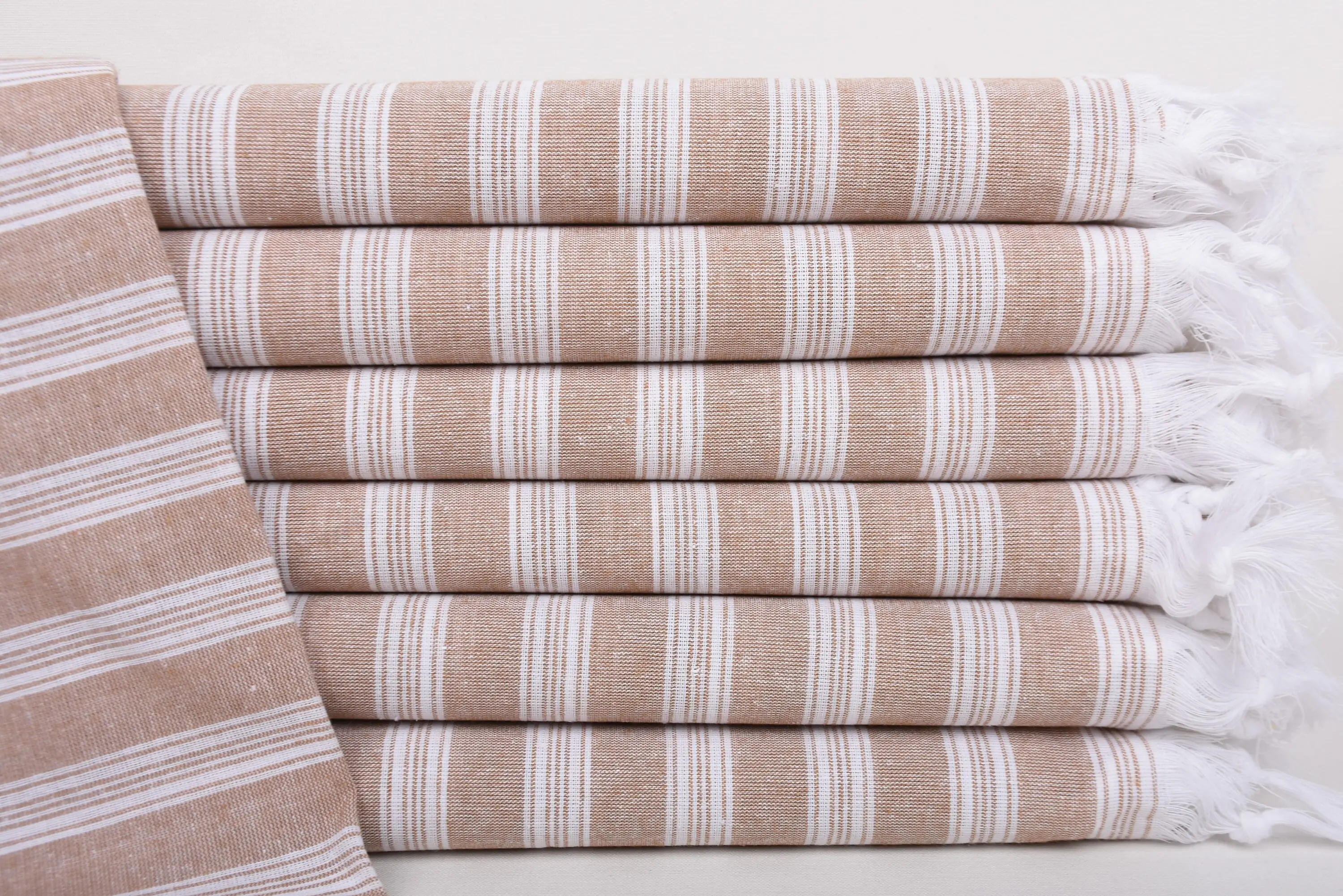 Light Brown Striped Turkish Beach Towel, 70x40 Inches - 1