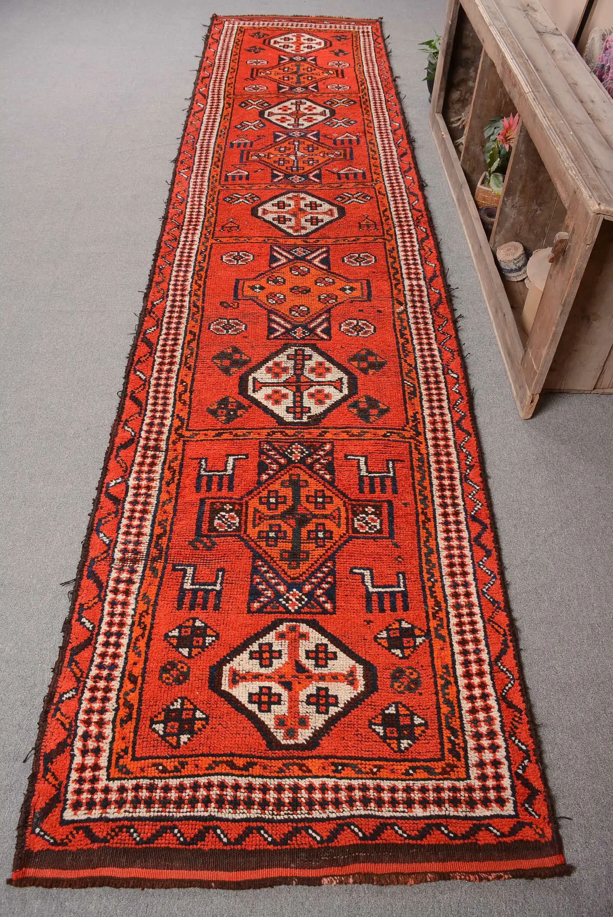 3.1x13.8 ft Vintage Rug, Herki Rug, Red Camouflage Rug Wool - 1
