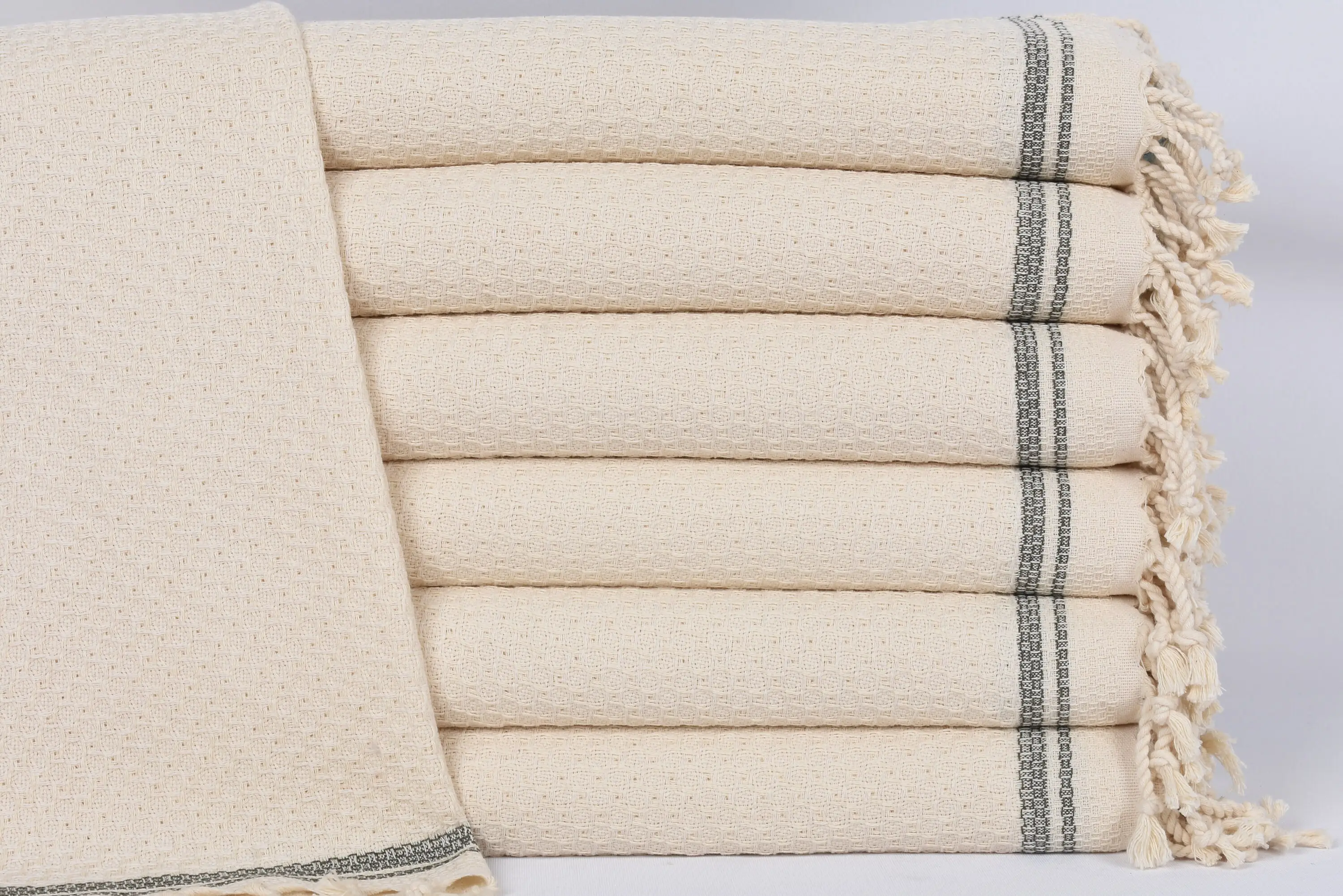 38x18 Khaki Green Striped Dish Towel, Organic Cotton - 1