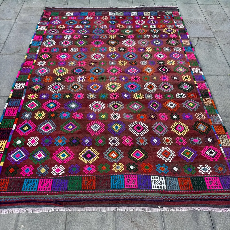 Red Rainbow Rug, 6,1x8,7 ft Bordered Design