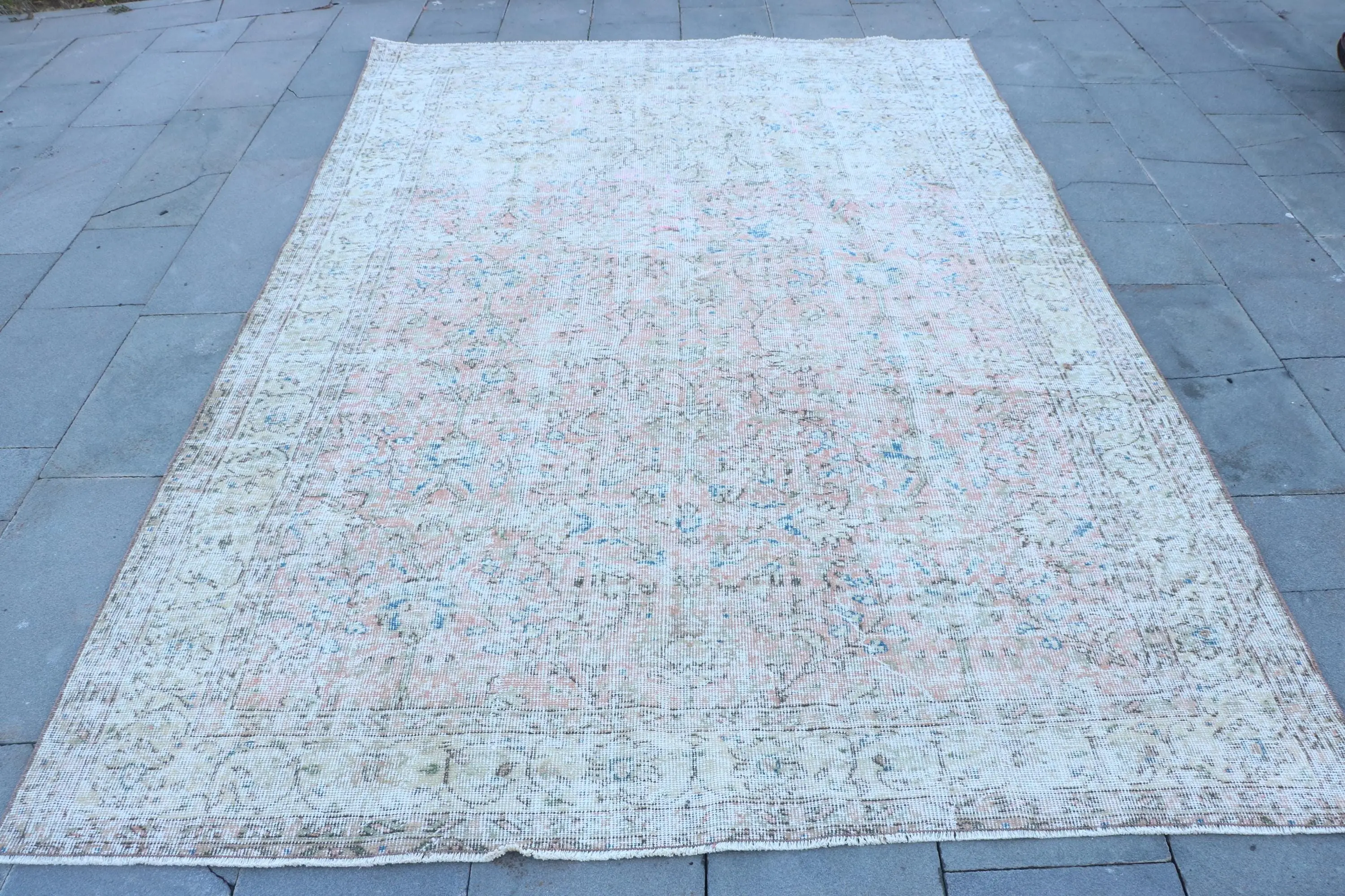 6.1x9.3 ft Vintage Büyük Halı, Türk Beyaz Çizgili Halı - 1