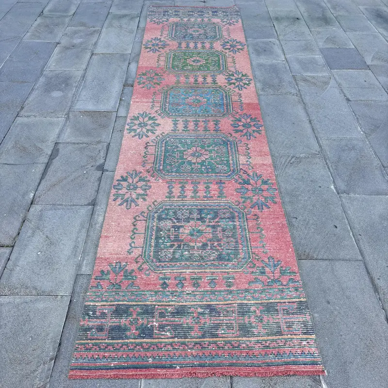 Turkish Vintage Oushak Runner Rug 2.9x11.5 ft, Red Moroccan Rug Wool - 1