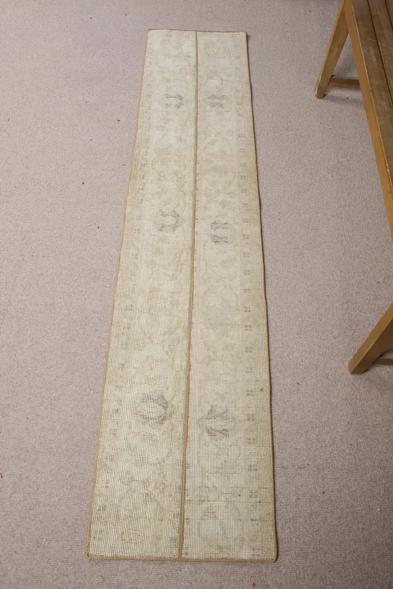 1.4x6.9 ft Türk Halısı, Vintage Yolluk Halısı, Kahverengi Gri Hayvan Desenli Yün Halı - 1