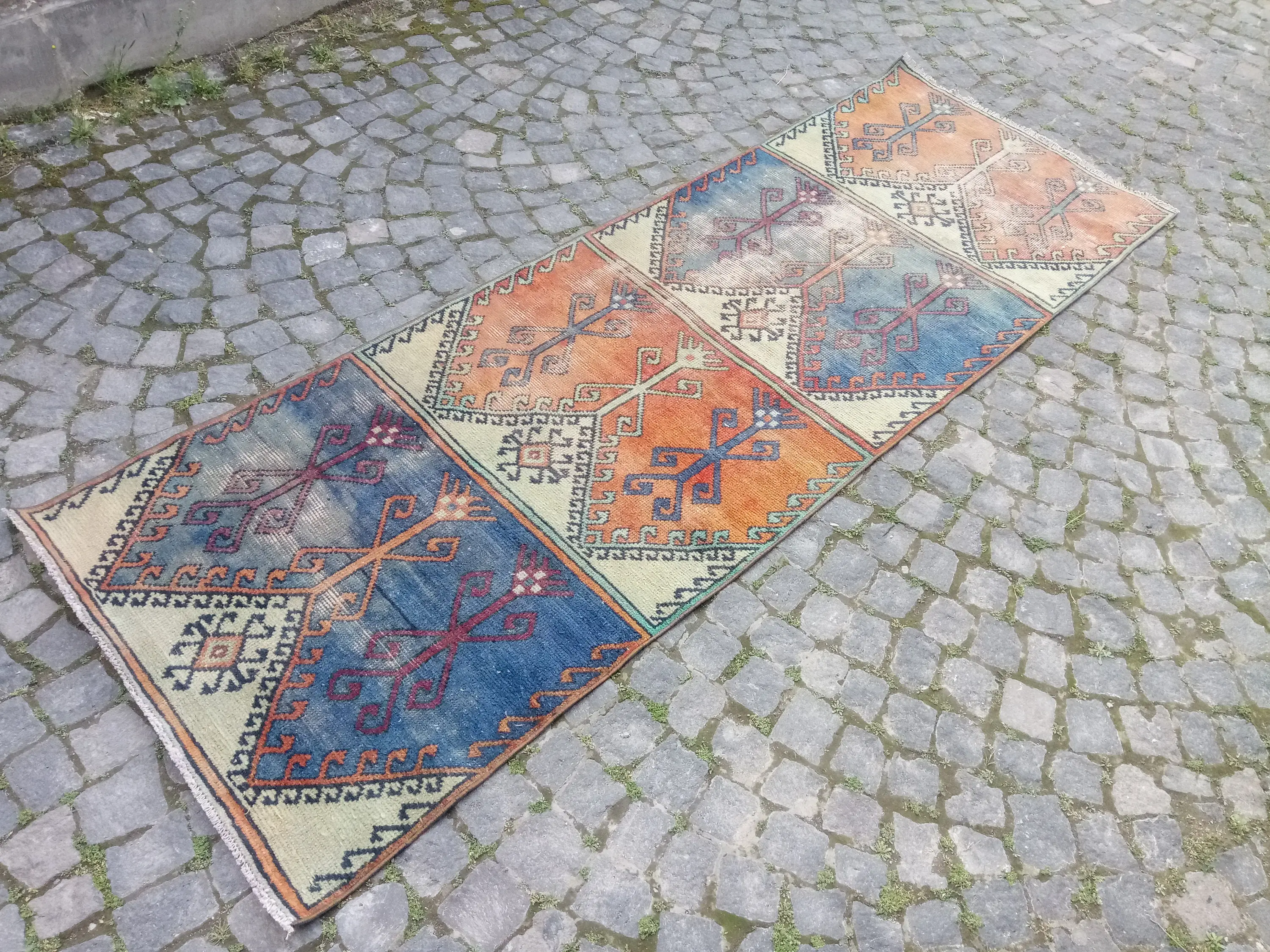 3x9 ft Rug, Turkish Vintage Rug, Blue Oriental Rug - 1