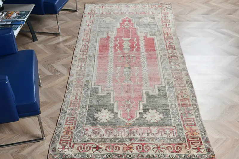 3.33x8.8 ft Halı, Türk Vintage Halısı, Oushak Kırmızı Bordürlü Halı - 1