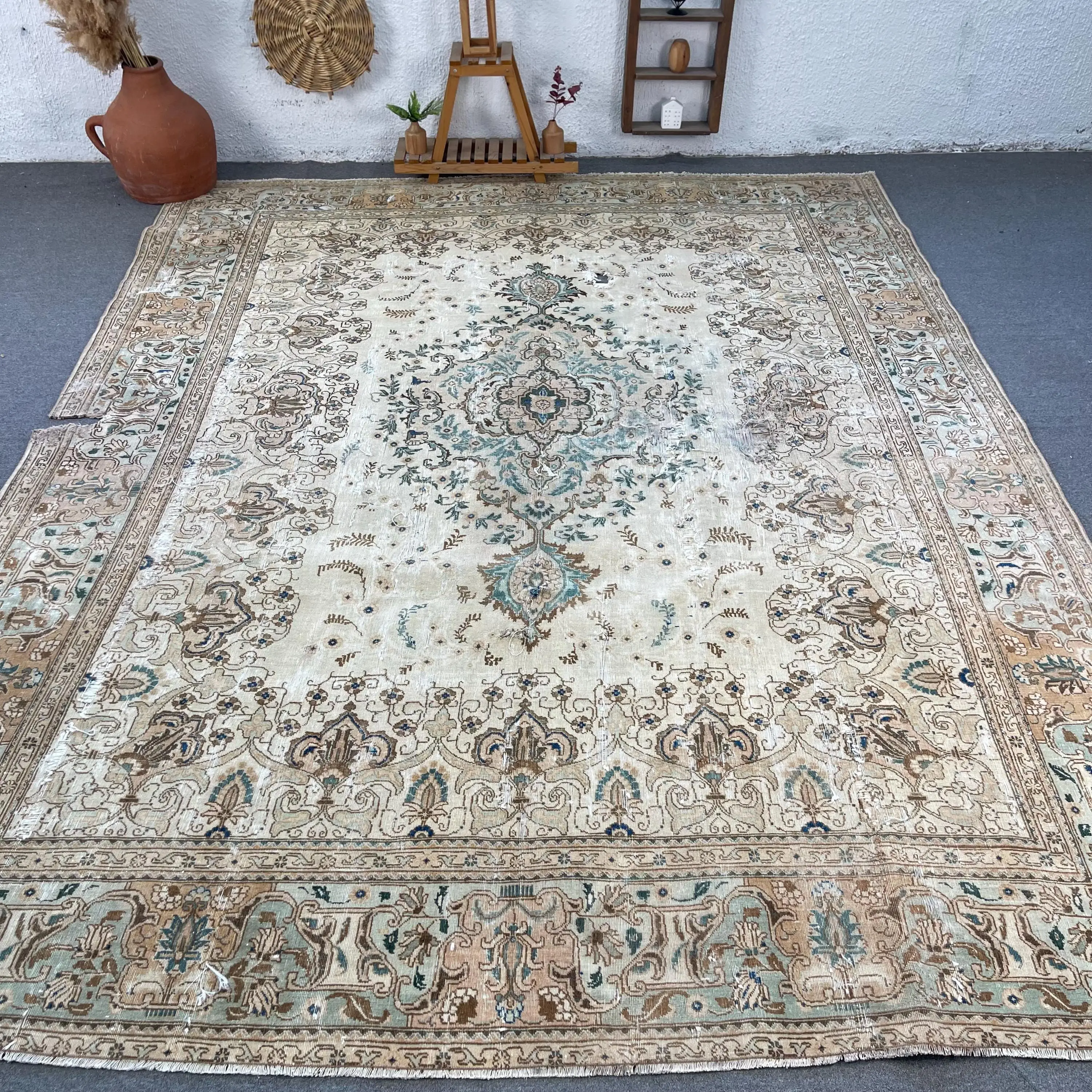 9.8x12.3 ft Vintage Turkish Rug, Oversize Rug, Blue Wool Rug - 1