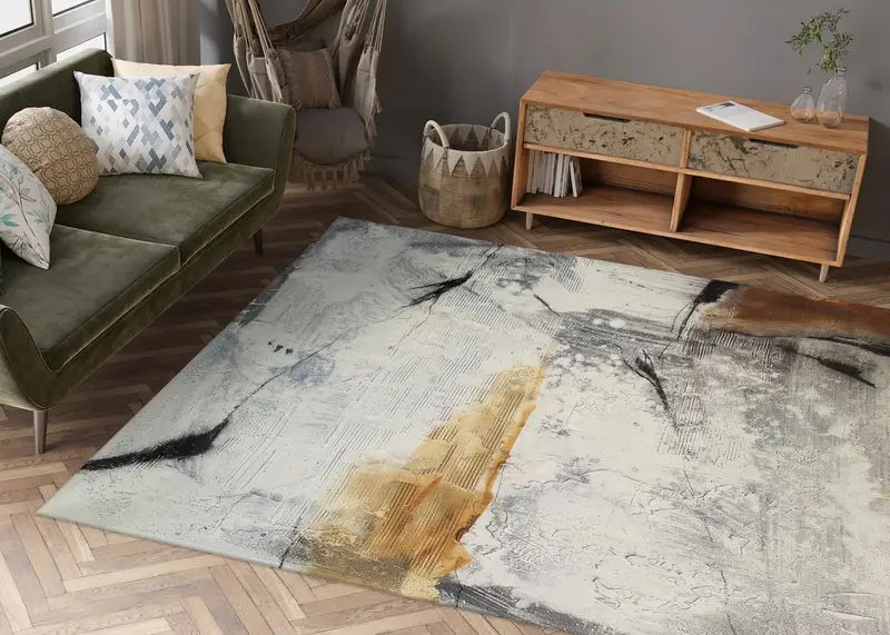 エレガントなプリントラグ：ソフトな色調、モダンなミニマルデザイン