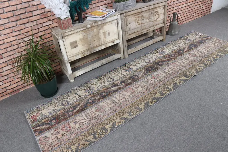 2.6x9.3 ft Oushak Halı, Türk Vintage Halısı, Mavi Kırmızı Çiçekli Halı - 1