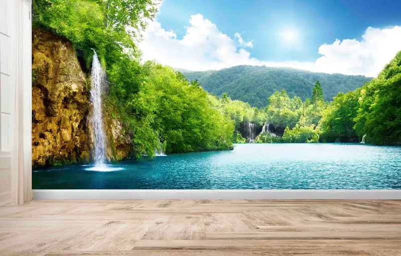 Papel pintado elegante con vista al bosque en cascada: La serenidad de la naturaleza