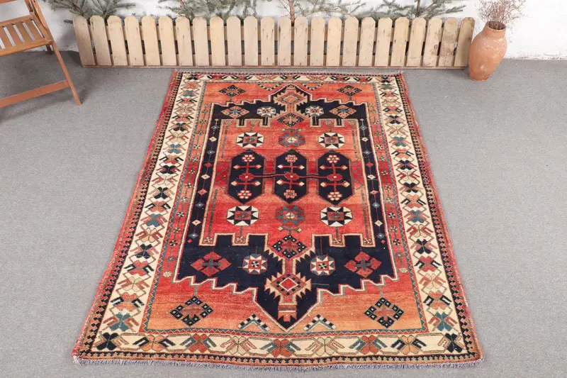 手作りのオレンジとブルーのラグ、5.1x6.6フィートのパッチワーク