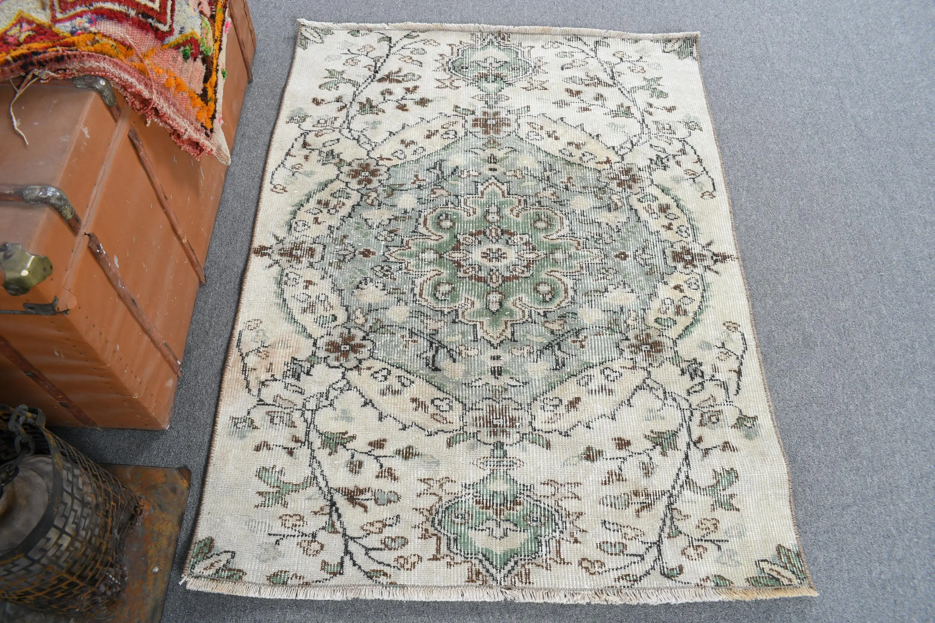 Vintage Rug, 3.1x4.2 ft Small Turkish Rug, Green Brown Ikat Rug - 1