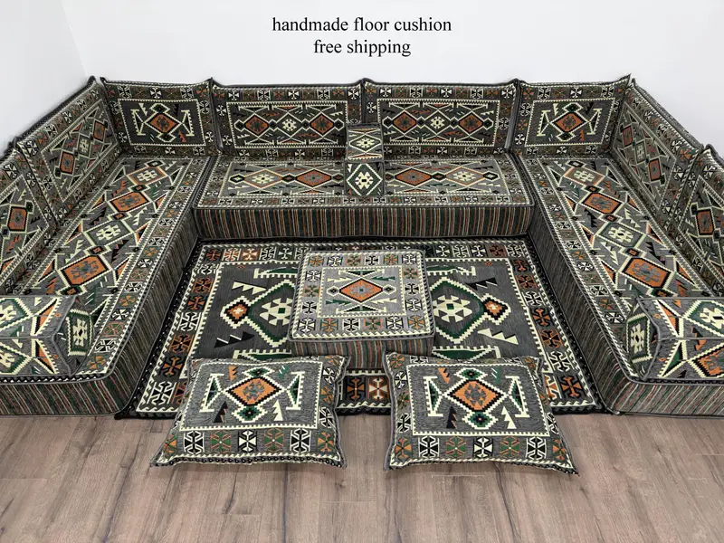 ブルーとグリーンのキリム柄のモジュール式ビクトリア朝オットマン、オットマン