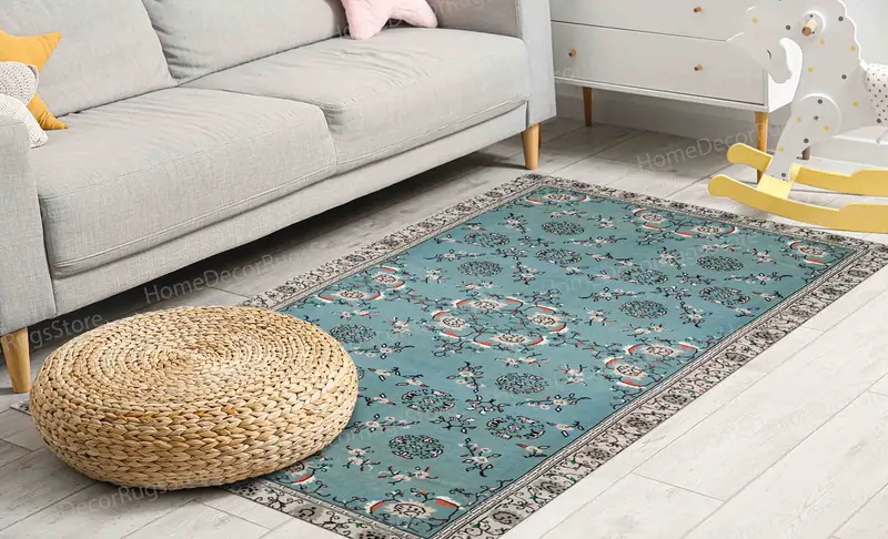 Turkuaz Çiçek Baskılı Halı: Antik Stil Vintage Tasarım Koltuk Örtüsü