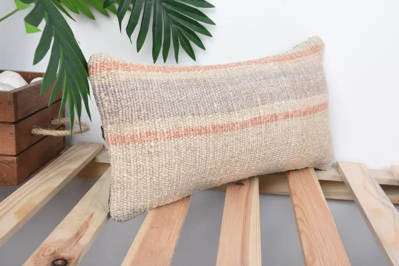 Vintage Kilim Throw Pillow, Cushion, Shabby Chic Cushion Case, Boho Pillow, Handmade Rug Seat Pillow Case, 8x16 Beige Pillow Sham, Turkish Pillow - 4