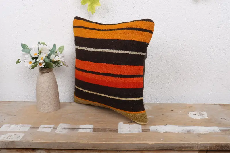 Handmade Kilim Cushion, Cushion Case, 12x12 Orange Cushion Cover, Throw Kilim Pillow, Turkish Pillow, Garden Pillow Case, Colorful Cushion Cover - 4