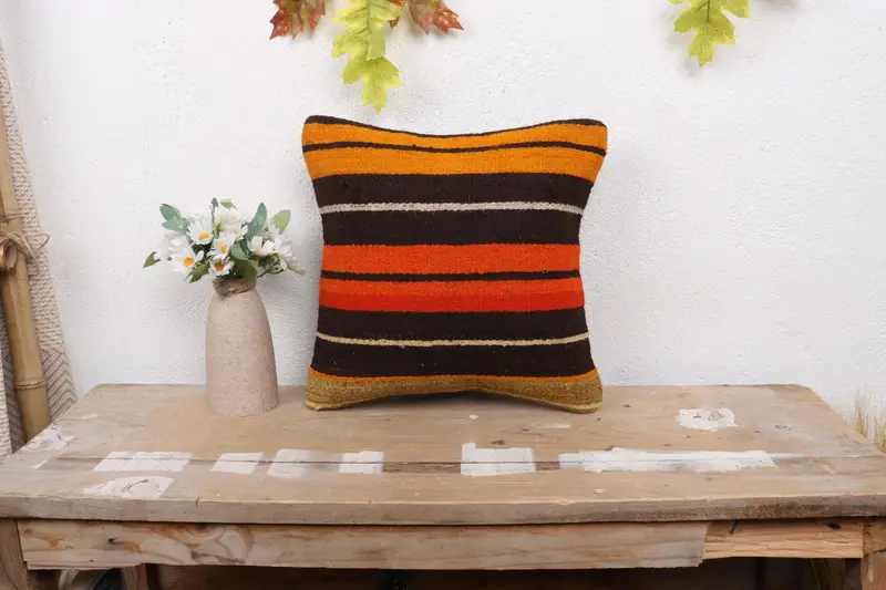 Handmade Kilim Cushion, Cushion Case, 12x12 Orange Cushion Cover, Throw Kilim Pillow, Turkish Pillow, Garden Pillow Case, Colorful Cushion Cover - 1