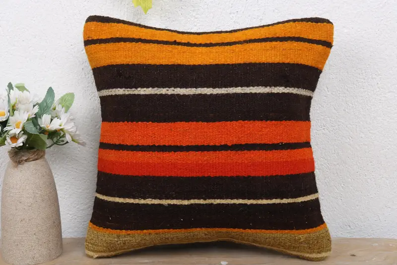 Handmade Kilim Cushion, Cushion Case, 12x12 Orange Cushion Cover, Throw Kilim Pillow, Turkish Pillow, Garden Pillow Case, Colorful Cushion Cover - 2
