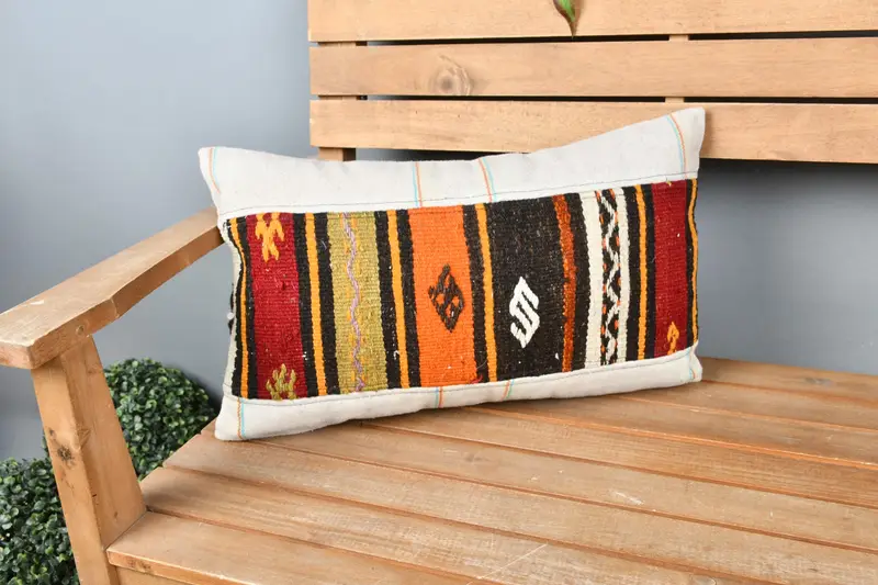 Cushion Cover, Antique Pillows, Garden Cushion Cover, Ethnical Kilim Rug Pillow, Neutral Throw Cushion, Gift Pillow, 12x20 White Pillow - 1