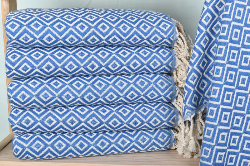 Personalized Turkish Towel Blue Diamond, Organic Cotton/Linen, 40x71 Inches