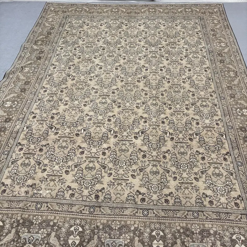 Vintage 9.5x13.1 ft Rug, Oversize Turkish Rug, Brown Gray Plants & trees Rug - 1