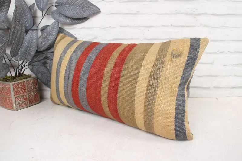 Boho Pillow Sham Cover, Pillow Case, Tapestry Cushion, Turkish Kilim Pillow, Nomadic Pillow Cover, 12x24 Red Pillow, Throw Kilim Pillow - 4