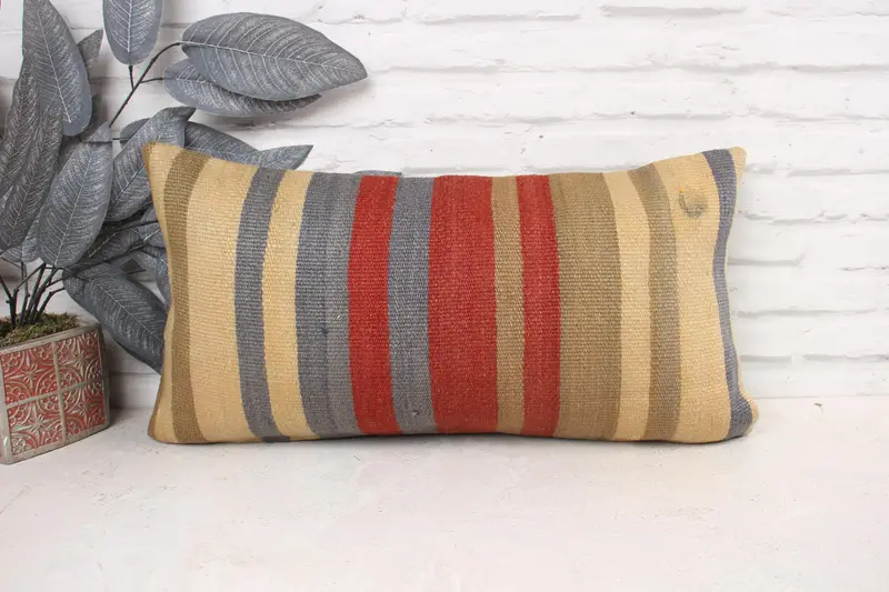 Boho Pillow Sham Cover, Pillow Case, Tapestry Cushion, Turkish Kilim Pillow, Nomadic Pillow Cover, 12x24 Red Pillow, Throw Kilim Pillow - 1