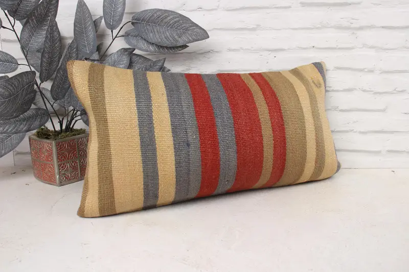 Boho Pillow Sham Cover, Pillow Case, Tapestry Cushion, Turkish Kilim Pillow, Nomadic Pillow Cover, 12x24 Red Pillow, Throw Kilim Pillow - 3