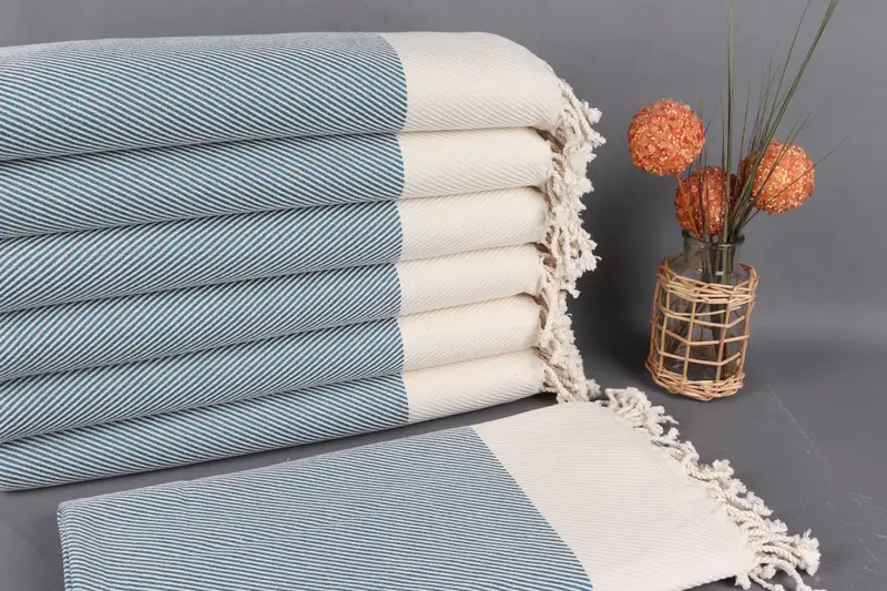 Bath Towel Organic Cotton Petrol Stripes Beige, 40x71 Inches