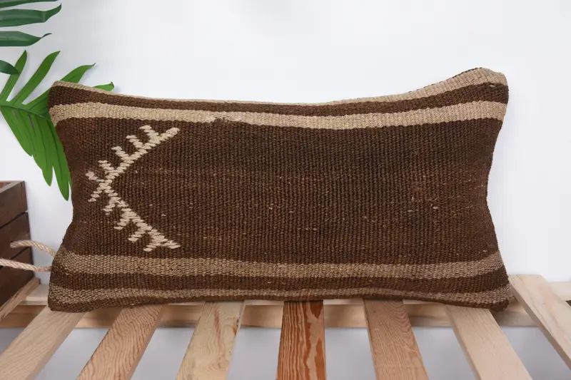 Ethnical Kilim Rug Pillow, Pillow, Pillow for Sofa, Retro Throw Pillow, Retro Pillow, 10x20 Brown Cushion Cover, Boho Pillow Sham Cover - 1