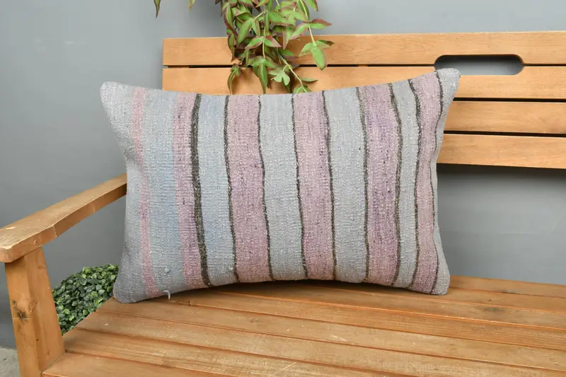 Almohada de rayas púrpura y bronce bordada, almohada de lanzamiento vintage 16x24