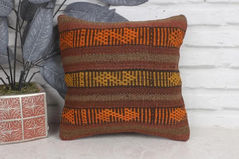 Pillow Case, Ethnic Pillow Cover Cushion Case, Gift Pillow, Vintage Pillow, Bolster Cushion Cover, Home Decor Pillow, 12x12 Orange Pillow Cover - 1