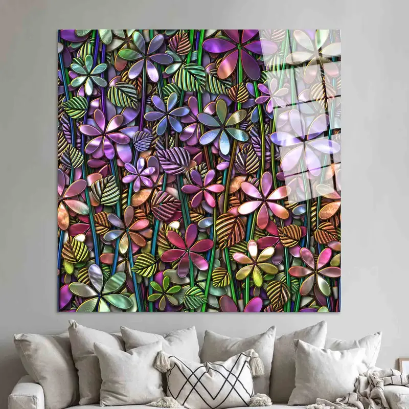 Moderner abstrakter Leinwanddruck mit Blumenmuster in Rosa und Lila